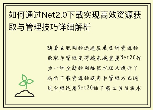 如何通过Net2.0下载实现高效资源获取与管理技巧详细解析